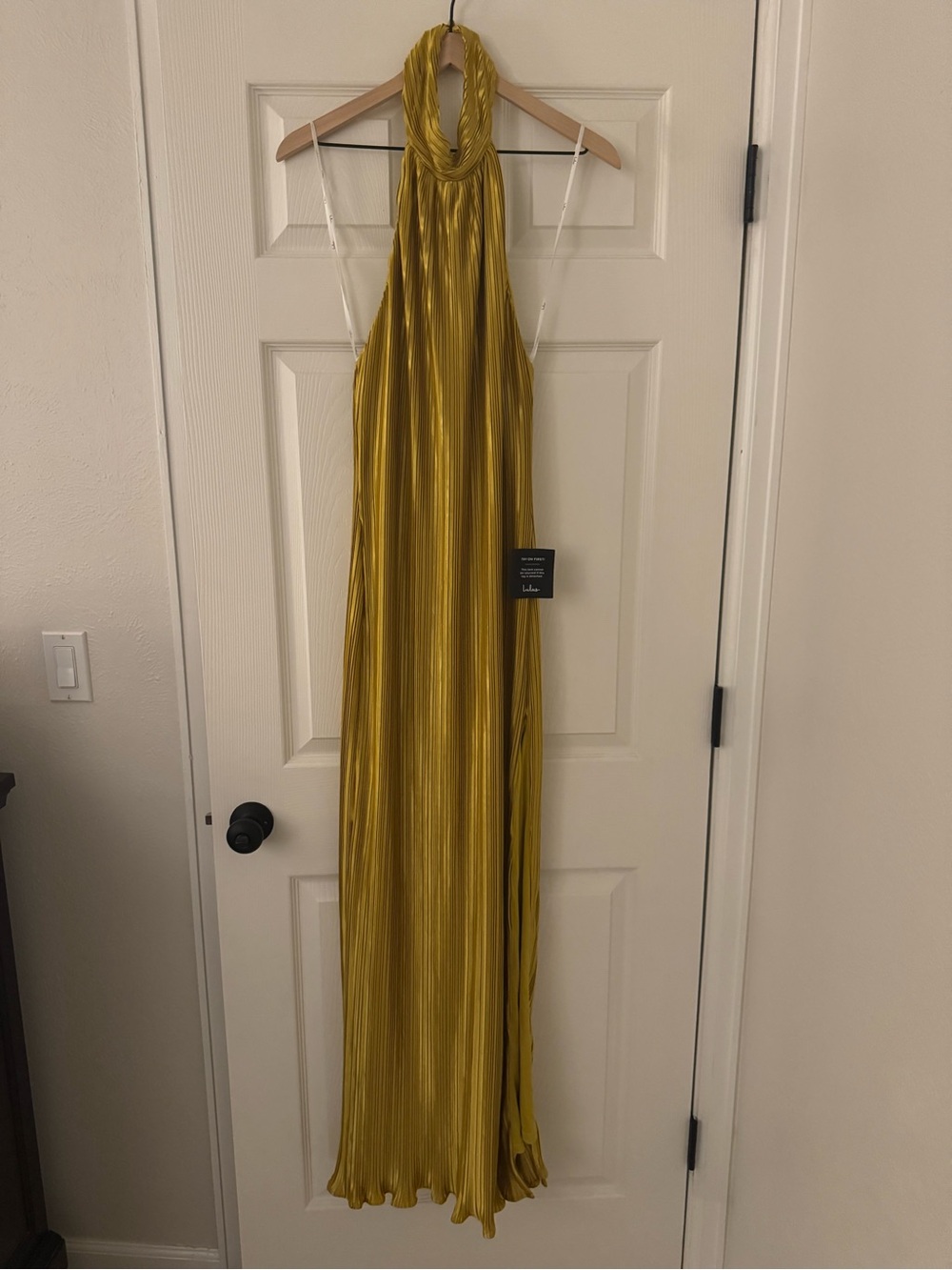 Lulu's Gold Pleated High Neck Backless Gown